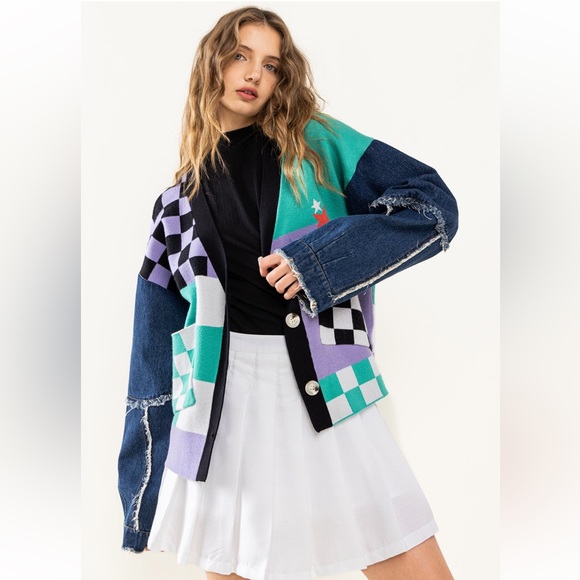 37 Fabulous reckerboard & Denim Patch Work Cardigan - Picture 4 of 8